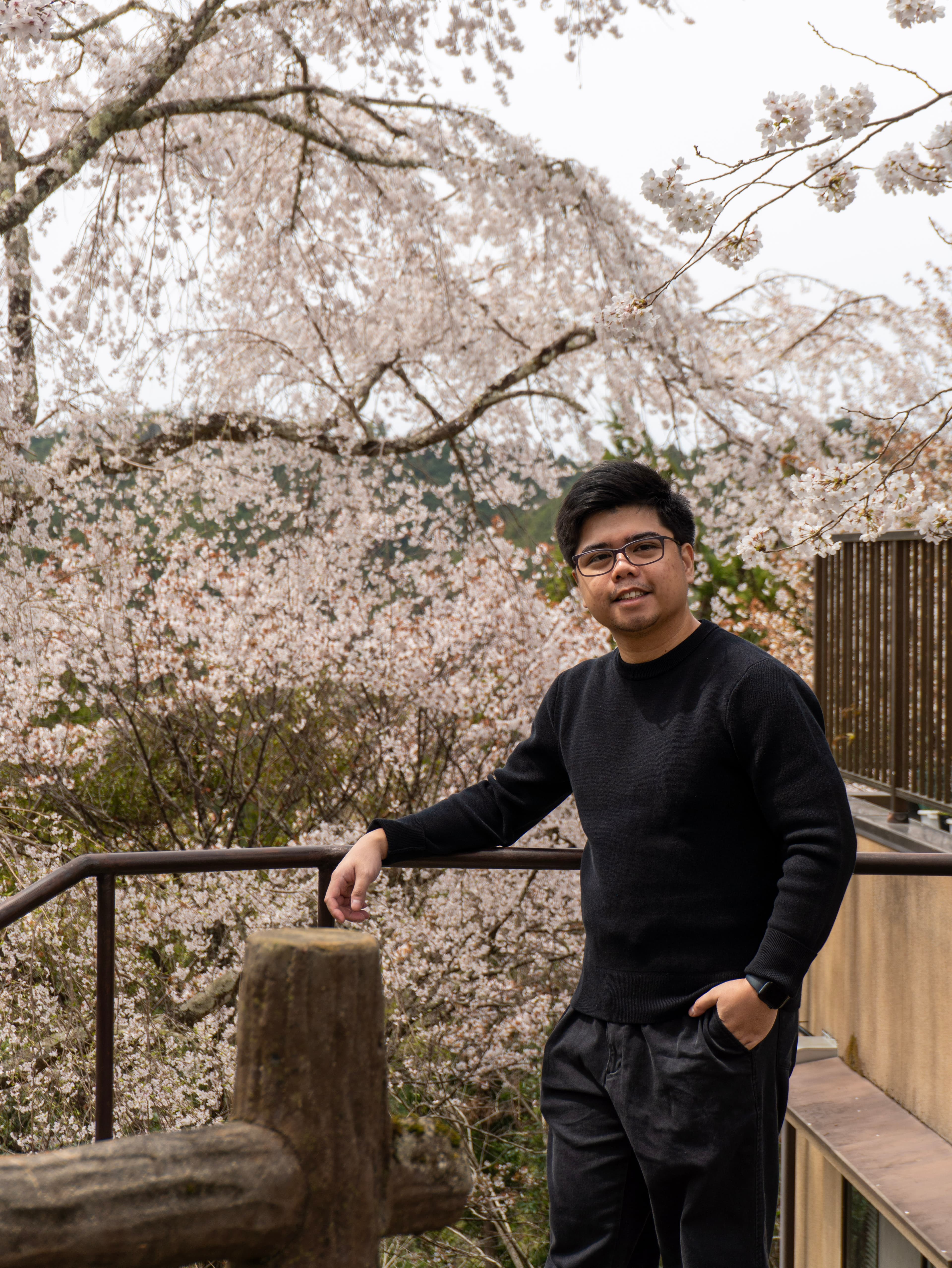 Rodger Louis Arteta standing in front of cherry blossom trees in Japan